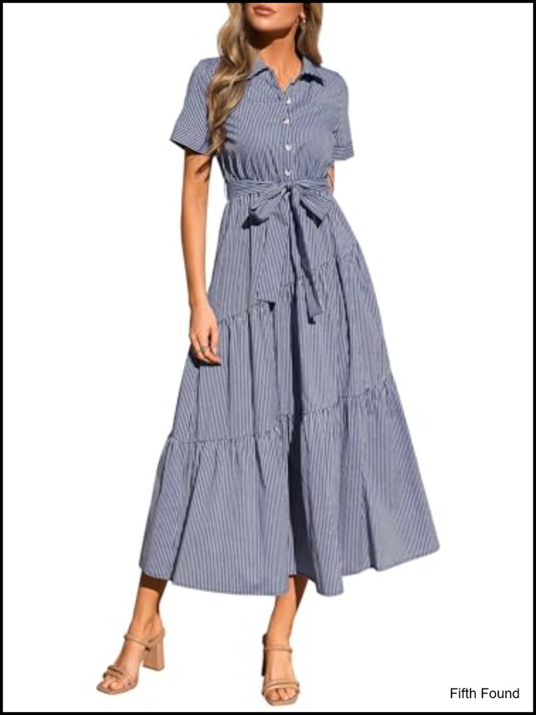 Striped Button Up Maxi Shirt Dress With Belt, Cotton, Short Sleeve